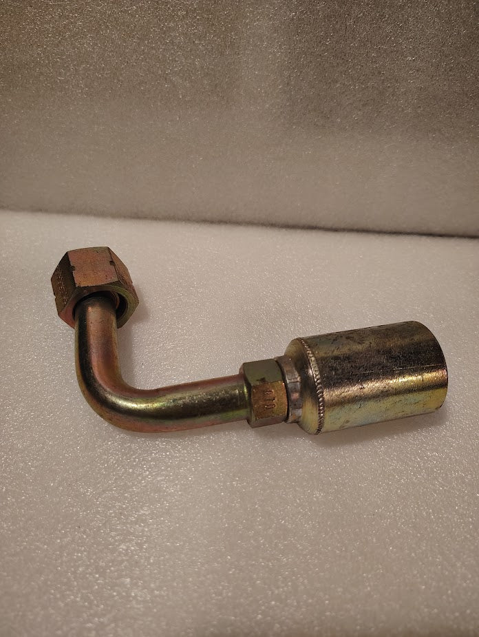 The 43008U-A70 (GW33-8x10) is a 1/2 hose x 5/8 ORFS swivel fitting with a 90-degree long bend, featuring an ORFS female swivel hex nut and a cylindrical sleeve, shown on a white textured surface.