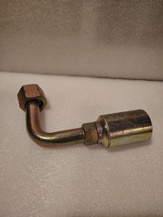 The 43008U-A70 (GW33-8x10) is a 1/2 hose x 5/8 ORFS swivel fitting with a 90-degree long bend, featuring an ORFS female swivel hex nut and a cylindrical sleeve, shown on a white textured surface.
