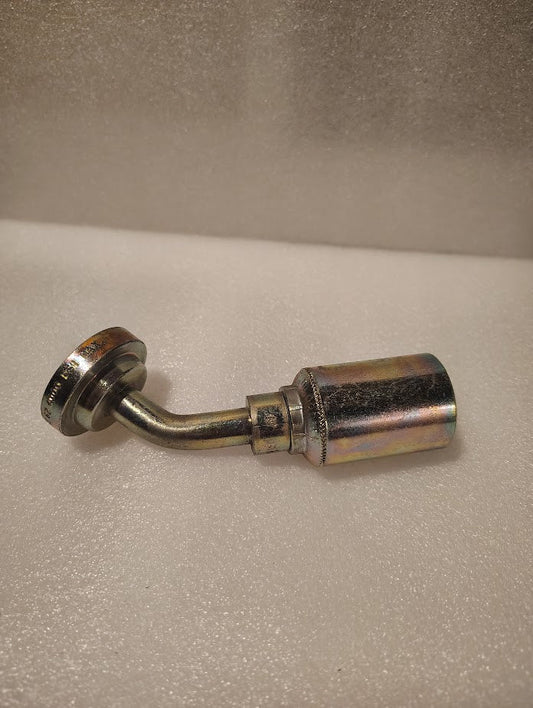 A close-up photo of the 43008U-D42 | 1/2 Hose x 3/4 Code 62 Flange Fitting - 45 bend (GW61-08x12), a small metal industrial valve with a right-angle joint, on a textured white surface.