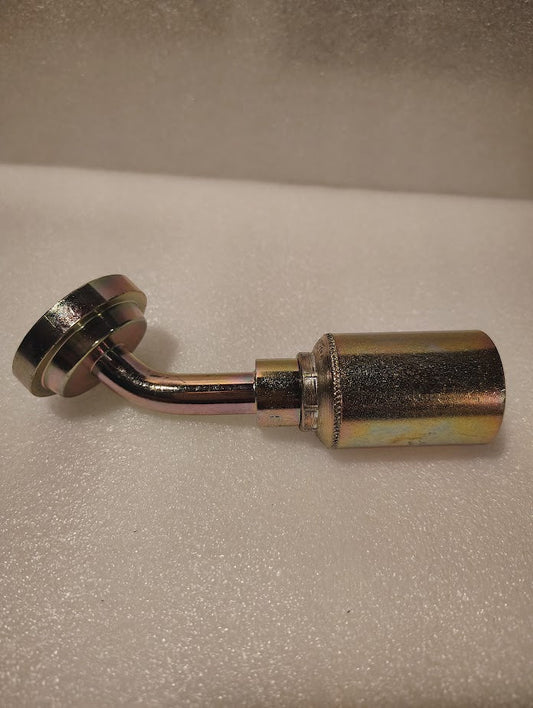 A metallic, L-shaped 43008U-G46 | 1/2 Hose x 1 Code 61 Flange Fitting - 45 bend (GW50-8x16) with a round flat end and cylindrical base, displayed on a white textured surface.