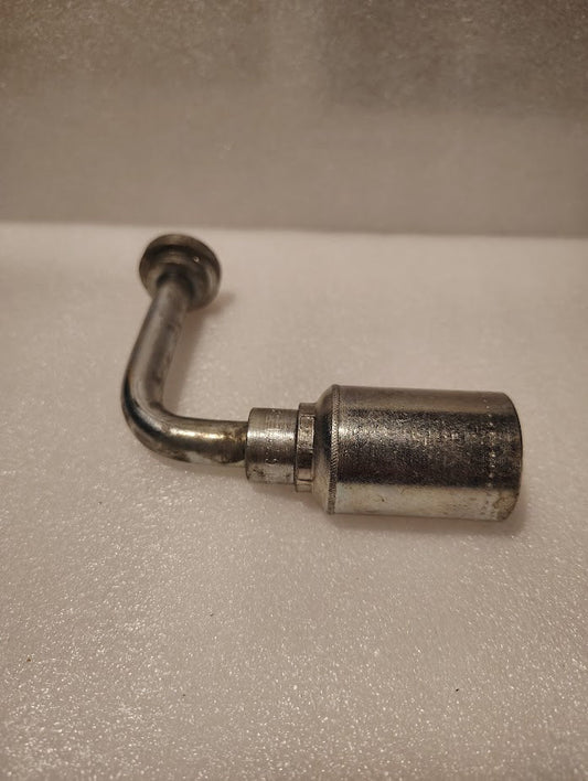A 43008U-G71L32 1/2 Hose x 1/2 Code 61 Flange Fitting (GW54-8x8), a metal L-shaped hydraulic pipe with a cylindrical and flanged end, is shown on a white textured surface.