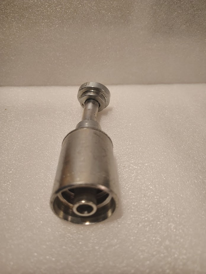 A close-up image of the 43008U-H01 | 1/2 Hose x 1/2 Code 61 Flange Fitting with a 22.5° bend (GW48-8x8) shows its metallic, cylindrical form on a white textured surface, highlighting its industrial design.