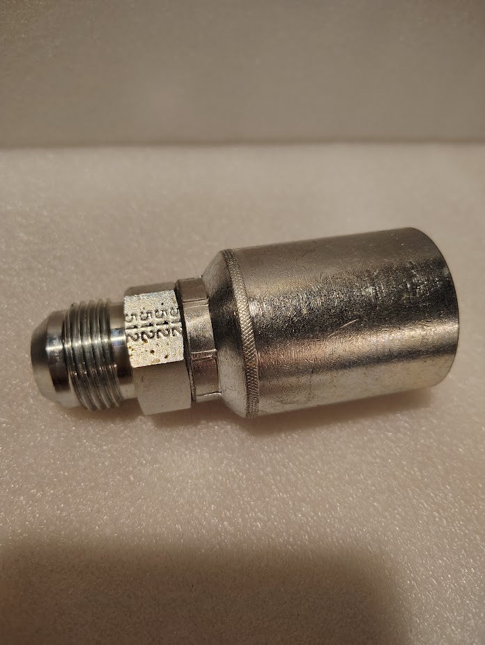 A close-up of the Weatherhead 43012U-512 fitting (3/4 hose x 3/4 JIC male, GW08-12x12) with a hex nut and threaded end on a textured white surface—designed for use with compatible hydraulic hoses.
