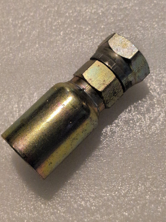 The Weatherhead 16U-066 is a shiny, metallic fitting featuring a cylindrical body and hexagonal nut on a textured white surface, ideal for use with 100R1 hoses.