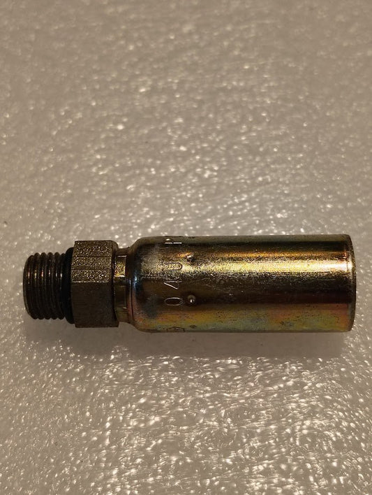 A metallic Weatherhead 1/4 Hose x 5/16 ORB Male Fitting with a hexagonal nut and threaded end against a textured, light-colored background; the cylindrical valve body shines with engraved markings.