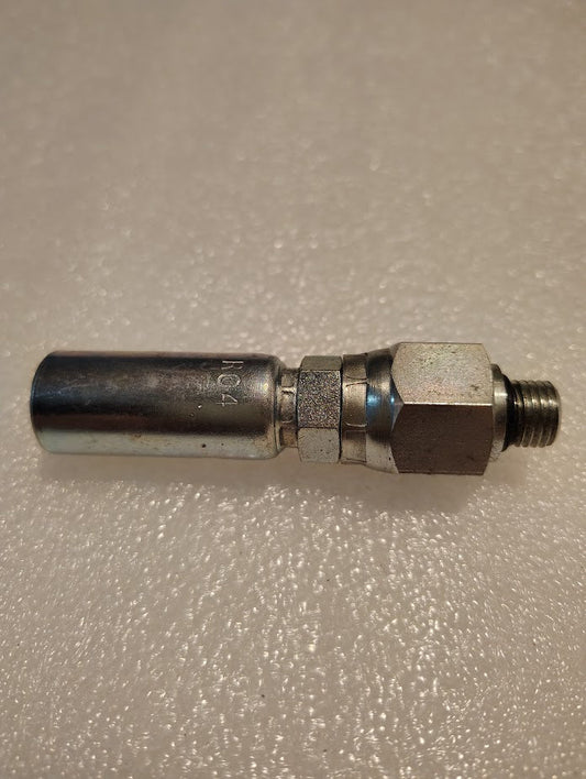 A close-up of a Weatherhead 04U-R04 fitting, featuring a cylindrical end on the left and a threaded end on the right, resembling hydraulic hose fittings, resting on a textured surface.