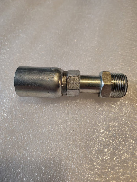 The image displays a shiny metal hydraulic fitting, specifically a Weatherhead 08U-B10, featuring a smooth cylindrical end and threaded end on a textured, light gray surface. This 1/2 hose x 5/8 inverted male straight swivel fitting is designed for seamless connection with 100R1 style hoses.