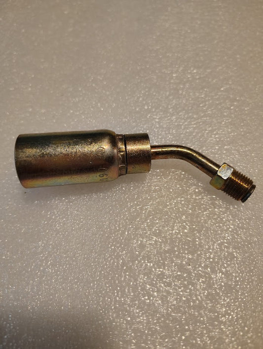 An 06U-B44 brass blow torch attachment featuring a cylindrical nozzle and a slightly curved tube, with Weatherhead 3/8 Hose x 1/4 Inverted Male Fitting - 45 Swivel Couplamatic fittings, rests on a textured white surface.