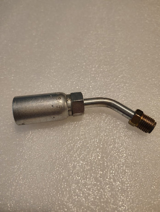 The 06U-B45 Weatherhead fitting, with a cylindrical end and mid-bend, includes a threaded connector on the opposite side, all set against a textured white surface.
