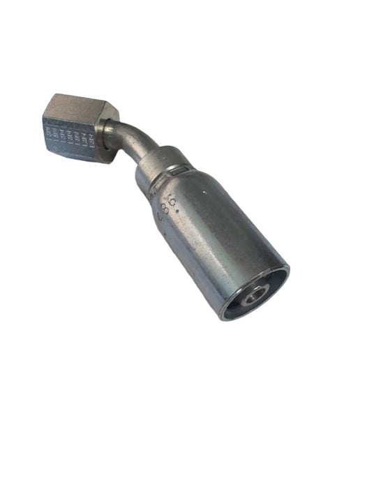 The CS22-6x6 Weatherhead 3/8 Hose x 3/8 SAE Female Fitting - 45 features a bent cylindrical body and hexagonal nut, compatible with Couplamatic fittings, shown isolated on a white background.