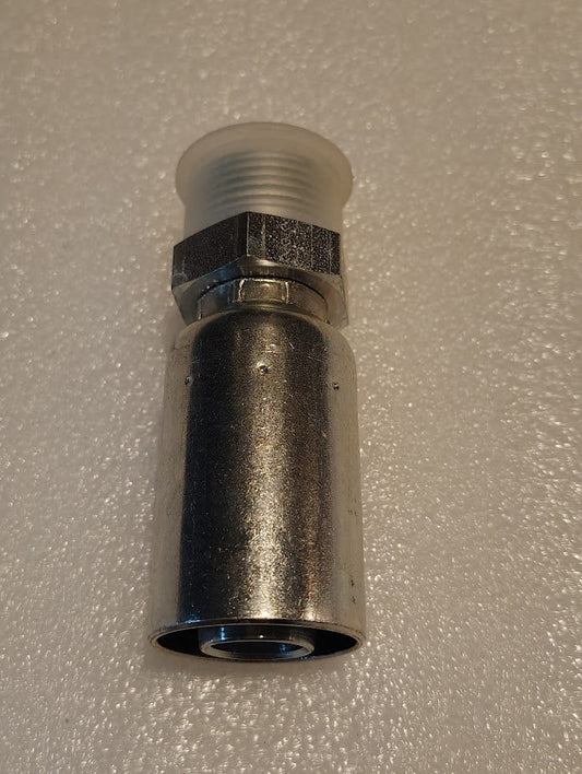 Close-up of a Weatherhead 12U-E72 hydraulic fitting, featuring a threaded hexagonal nut and translucent plastic cap, on a textured white surface.