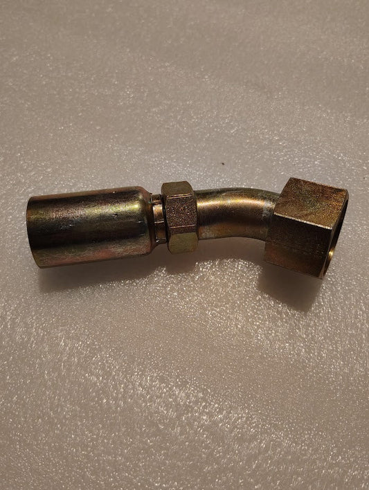 The Weatherhead 45-degree swivel fitting, with two hexagonal nuts and curved precision similar to hydraulic hose fittings, is positioned on a textured, light-colored surface.