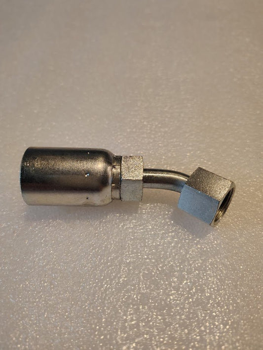 The Weatherhead 08U-L66 is a metal hydraulic fitting for 100R1 hoses, featuring a straight section with an angled end on a textured surface. It has a shiny metallic finish and includes two hexagonal nuts for connection.