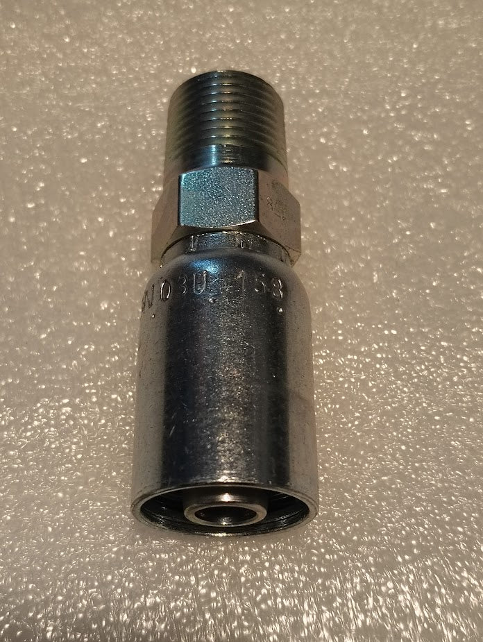 Close-up of a metallic Weatherhead 08U-158 fitting on a textured background. This cylindrical 1/2 Hose x 1/2 BSPT Male Fitting is 100R1 compatible, with threads on one end and a polished surface reflecting light to highlight its engraved markings.