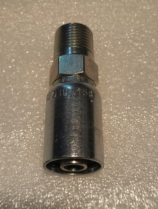 Close-up of a metallic Weatherhead 08U-158 fitting on a textured background. This cylindrical 1/2 Hose x 1/2 BSPT Male Fitting is 100R1 compatible, with threads on one end and a polished surface reflecting light to highlight its engraved markings.
