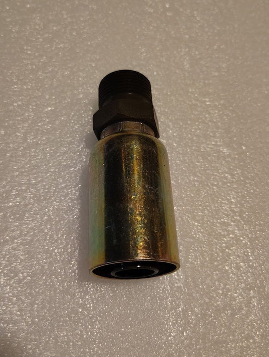 A Weatherhead 12U-P62 hydraulic hose fitting, 3/4 Hose x 3/4 BSPT Male, features a threaded black end and shiny cylindrical body on a textured white surface with its threaded end at the top.