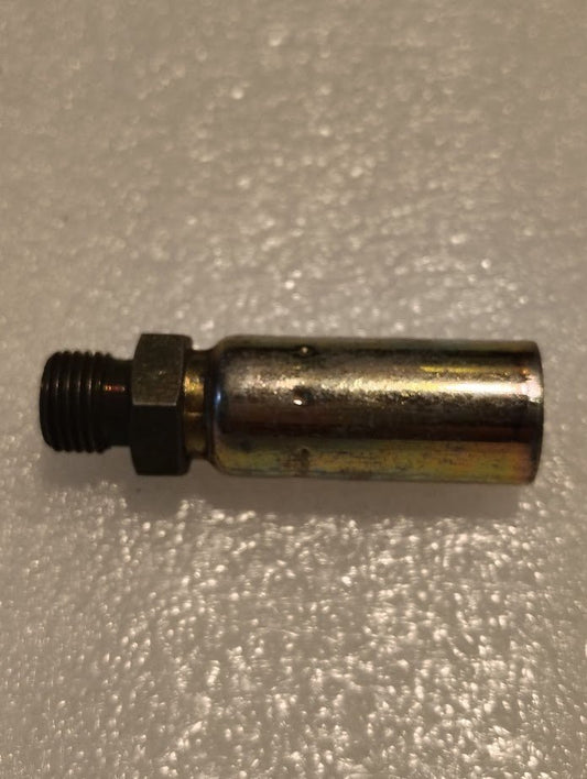 A 04U-P54 Weatherhead fitting, with a threaded black tip and cylindrical silver body, reminiscent of hydraulic hose fittings, sits on a textured light surface. It serves as a connector or adapter compatible with the Weatherhead system.