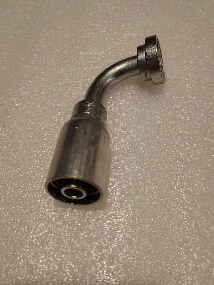 The 08U-G71 is a metal automotive fitting with a right-angle bend, featuring a threaded end and a flared connector on a textured surface, perfect for use as Weatherhead fittings compatible with 100R1 hydraulic hose systems.